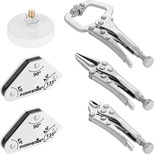 Poppstar 2x Mini Magnet-Schweißwinkel (45° 90° 135°), Schweißzubehör-Set:1x Magnet-Masseklemme, C-Zwinge, Grip-Zange, Nadelzange