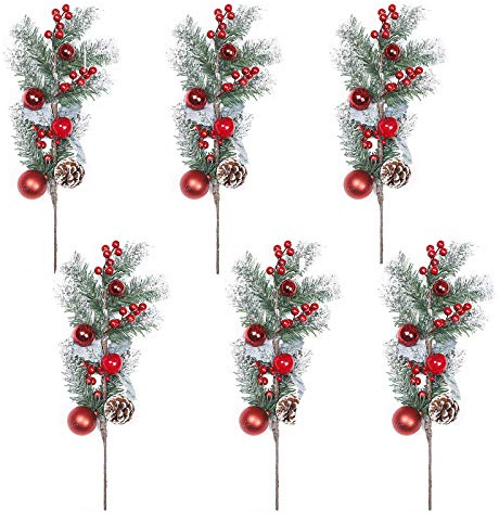 BELUAPI Paquete de 6 ramas de pino de Navidad con conos de pino, adornos de bolas de bayas rojas, púas de pino artificial con manzanas y hojas de acebo, agujas de pino sintético para corona de