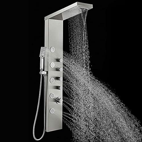 Huin Edelstahl-Duschpaneel-Turm-System, Regenwasserfall-Duschkopf 6-Funktions-Wasserhahn Regenmassage-System mit Körperdüsen