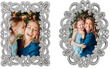 GIFTY GIFTY Vintage Silver Mini Frame Set/Set of 2 / 2x3 In | For Tabletop Display | Perfect for Home Decor, Xmas, Wedding, Graduation, Or Milestone Photos W/Gift Box