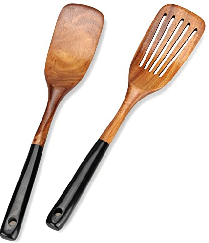 2 Pcs Wooden Spatula Set for Cooking Non Toxic Teak Kitchen Utensils Slotted Pancake Turner Flat Wood Wok Spatulas Bamboo Spoon for Cooking Utensil Set Spurtle Scraper Black Fish Egg Flipper Spatula