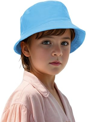 TOPTIE Kids Cotton Bucket Hat Sun Beach Cap for Boys Girls 3-8 Year Old-Sky Blue
