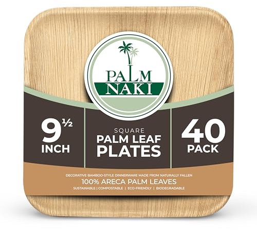 PALM NAKI Platos cuadrados de hoja de palmera, compostables, ecológicos, estilo bambú, para eventos, fiestas y catering, platos desechables resistentes de 40, 9.5 pulgadas (24.1 cm)