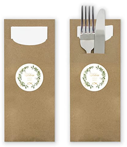 itenga 24x Bestecktaschen Pochetten aus Papier inkl. Serviette I Schön DASS du da bist Eukalyptus und Fisch I 8,2 cm x 20,0 cm I für Anlässe und Feierlichkeiten wie Kommunion Konfirmation Taufe