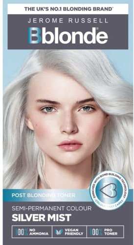 Jerome Russell Bblonde Silver Mist Post Blonding Toner - Semi Permanent Hair Dye Kit for Pre Lightened & Blonde Hair with Brazil Nut Oil, No Ammonia & Vegan