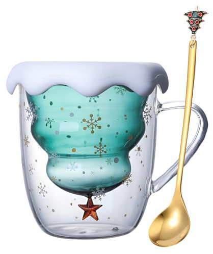 SYFUNLV Tasse isotherme en verre à double paroi pour sapin de Noël, tasse à expresso, tasses mignonnes, avec poignée, parfaite pour latté, américano, femme, homme, enfant, bureau et personnel