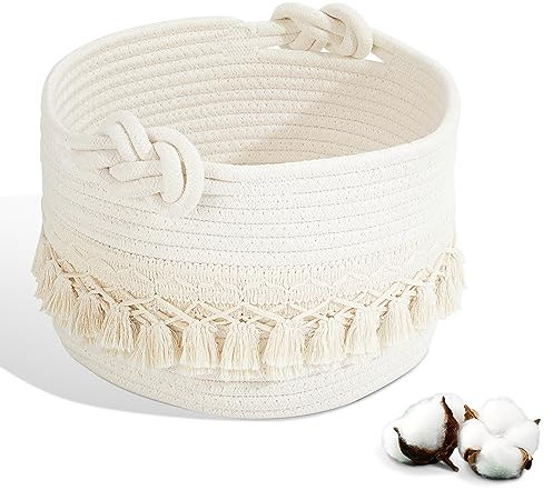 LA BONHEUR Aufbewahrungskorb Baumwoll Korb Geflochten Kinder Spielzeugkorb Geschenke Korb Kinderzimmer Aufbewahrung für Regale und Schränke Badezimmer Wickeltisch Zubehör Organizer Bad(24*17CM) (weiß)