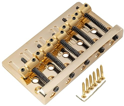 Musiclily Pro 17mm Heavy Duty 5-Saiter Bass Steg Bridge mit Messing Saitenreiter Stahlplatte für Precision/Jazz Bass, Gold