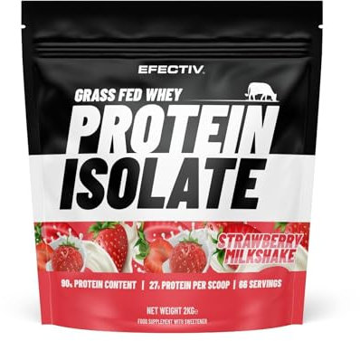 Efectiv Grass Fed Ultra-Filtered Whey Protein Powder Isolate 2KG - Strawberry Milkshake - 27g Protein & 90% Protein Content - 66 Servings - Low Fat, Low Sugar