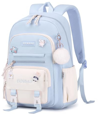 Tanou Zaini scuola ragazza 20 litri zaino scuola bambina con ciondolo 8-12 anni, leggero e impermeabile, zaino Kawaii scuola in nylon per ragazze, blu, Cute/Childlike