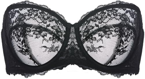 DOBREVA Trägerloser BH mit Bügel Sexy Spitze Bandeau Ungefütterter BH Durchsichtig Abnehmbaren Trägern Schwarz 80C