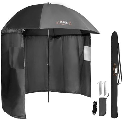 BAT Tackle Angelschirm mit Seitenwand | Inkl. Heringe und Abspannleinen | Schirmzelt | Windschutz | Regenschirm (Schwarz, 220cm)