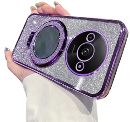 IMEIKONST Sparkly for Redmi A3 Case Gradient Glitter Purple DSJ | Makeup Mirror Ring Stand Function, Full Camera Protector, Soft Silicone Shockproof, Plated Transparent Cover for Girl Women