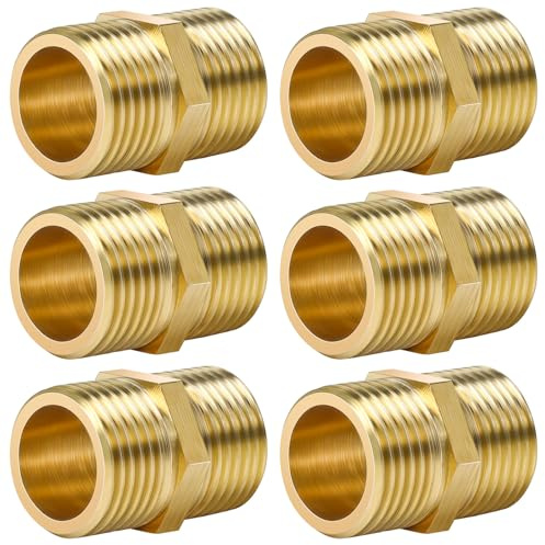 Aitsite Doppelnippel 1/2 Zoll Messing Außengewinde, Doppelnippel mit Sechskant, Robust und Rostfrei, Messing Gewindefitting Fittings für Trinkwasser Geeignet（6 Stück）