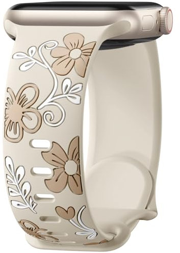 Mastten Floral Armband Kompatibel mit Apple Watch Armband Damen - Weiche Silikon Band für iWatch SE 40mm 41mm 42mm 38mm - Blumen Gravierte Band für iWatch Series 11 10 9 8 7 6 5 4 3 2 1, Polarstern