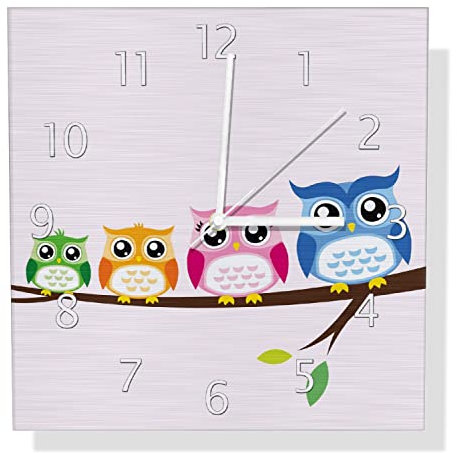 Wallario Design Wanduhr Eulenfamilie auf einem AST Comic Stil aus Aluverbund, Alu-Uhr Größe 30 x 30 cm, weiße Zeiger mit Metalloptik