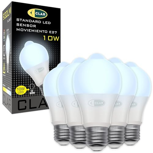 CLAR - Glühbirne Mit Bewegungsmelder, LED, Aufladbare Glühlampe E27, Dämmerungsschalter, 10W 6000K (Pack 5)