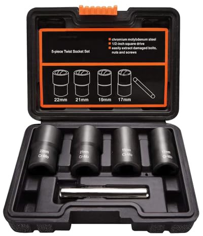 TA-VIGOR 5Pcs Lug Nut Socket Set, Stripped Wheel Nut Removal Tool, Twist Socket Set Lug Nut Extractor Socket Tool for Removing Damaged, Rusted, Rounded-Off Bolts, Nuts, 12-22mm