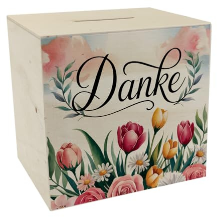 Blumenwiese Danke Spardose aus Holz Verziert mit Illustrationen im Aquarellstil Rosen Tulpen und Gänseblümchen in Schreibschrift für EIN einzigartiges Geschenk