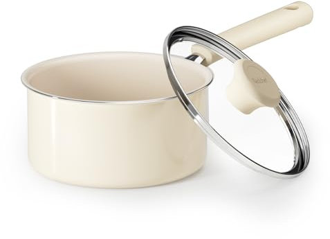 Redchef Ceramic Nonstick Saucepan with Lid,16cm Small Cooking Pot, Non Toxic Sauce Pans for Kitchen, Cool Handle PFAS Free Compatible with All Cooktops, White