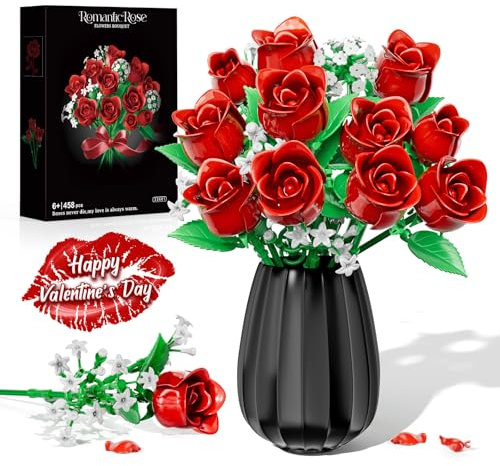Rose Flowers Bouquet Building Sets for Botanical Collection, Flower Plants for Decorative Home Table Art, Gifts Ideal for Mother's Day, Birthdays, Valentine's Day, for Women Girls Adults 6+, No Vase