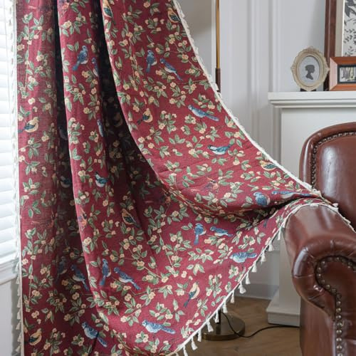 Tokusyou Landhaus Vorhänge Vintage Blickdicht Rot Gardinen Leinenoptik Boho Jacquard Vögel Blätter Baumwolle Vorhange mit Quaste Rod Pocket für Wohnzimmer Schlafzimmer 1 Stück B150×H240cm