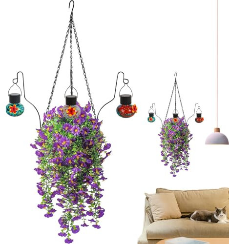 Künstliche Hängepflanzen, realistische künstliche Blumen, künstliche Pflanzen, Korb mit Vogelfutterstation, künstliche Hängeblume für Terrassen, Decks, Veranden und Pavillons