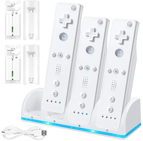 Station De Charge pour Télécommande Wii: WIYETY 4 in 1 Chargeur De Manettes, Chargeur À 4 Ports avec 4 Piles Rechargeables De 2800 mAh pour Télécommande De Jeu Wii