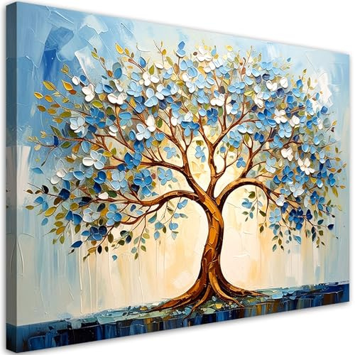 Feeby - Tableaux - Deco Tableau Murale - Arbre de vie bleu en 3D Fleurs - 90x60 1partie - Pour la Chambre et le Salon - Pour Chaque Pièce de Votre Appartement - Toiles pour le bureau
