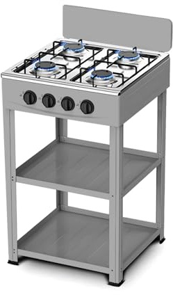 Avilia - Piano Cottura 4 Fuochi Gas per Esterno con Struttura Resistente in Metallo, Ripiani Laterali in Acciaio, Collegamento Bombola GPL, Ideale per Campeggio e Grigliate (Grigio)