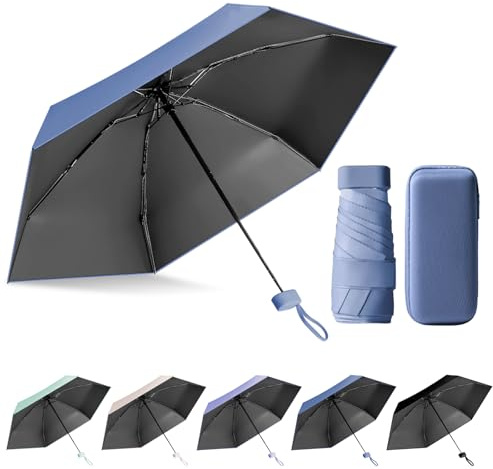 FESDMOH Ombrello Pieghevole, Ombrello pioggia, Ombrello Piccolo da Borsa, Ombrelli da Tasca, Ombrelli Ultraleggero Portatile, UPF>50+, da Sole/Pioggia (Blu nebbia)