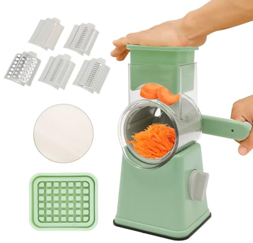 Rotary Cheese Grater with Handle 6 in 1 Rotary Grater with 12 Stainless Steel Changeable Blades Efficient Hand Crank Vegetable Shredder Food Chopper for Potatoe Carrot Cucumber(Green)