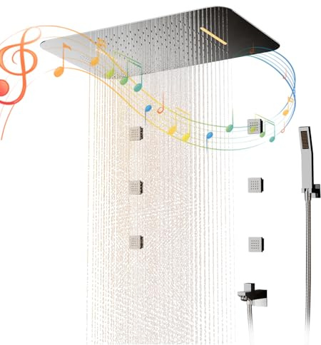 WFCTG Colonne De Douche, Barre De Douche Avec Tête Carrée, Music Ensemble Douches Encastré, LED RPG 64 couleurs, Encastré Thermostatique, Deux Modes De Jet D'eau, Douches Arrière Incluse