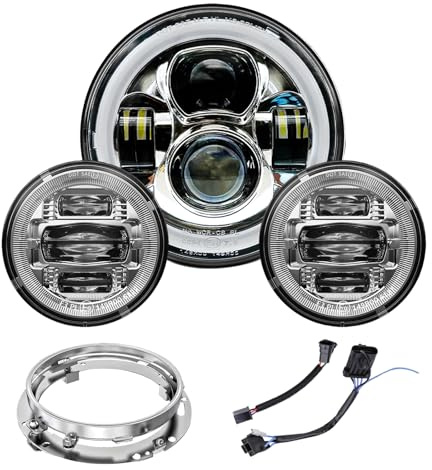 bamotoop 7 Zoll LED Scheinwerfer+2 STÜCKE 4,5 Zoll Nebelscheinwerfer E-Geprüft für Herley Davidson Road King Electra Glide Street Glide Heritage Softail Ultra Cvo Tri mit Ständer(Silber)