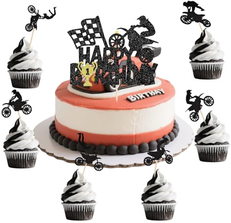 Sdhgerh 25 Stück Motorrad Torten Deko Schwarz Glitter, Motocross Cupcake Topper Set für Jungen Geburtstag, Kuchendekoration für Motocross Party und Sport Thema Feiern