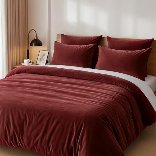 Lanqinglv Plüsch Bettwäsche 135x200 Flauschig Winterbettwäsche aus Biber Flanell,Warme Cashmere Touch ÖKO-TEX Bettwäsche Set Weinrot Rot Bettbezug mit Reißverschluss und 1 Kissenbezug 80x80