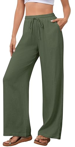 NONSAR Pantalon pour Femme en Coton avec Cordon de Serrage Pantalon en Lin Taille élastique Décontracté Coupe Ample Jambes Larges avec Poches Léger Couleur Unie Pantalon de Plage