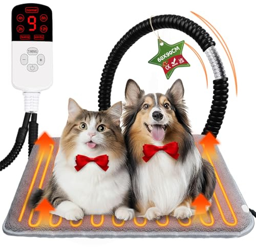 Warmfay Haustier Heizkissen 60 x 90CM, Heizdecke Katze mit 9 Stufen Temperatur & 4 Timing Einstellbar, wasserdichte Anti Biss Wärmedecke Heizmatte Innen für Hunde Katzen