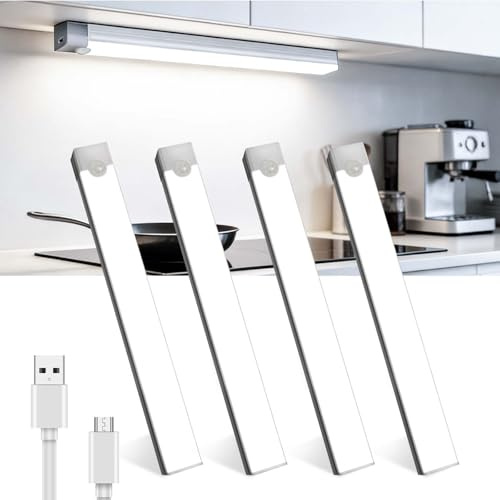 Lamptobe Under Cabinet Kitchen Lights,4Pack 6500K Dimmable Cupboard Lights with Steplessly Dimmable,4 Modes,Motion Sensor,2W Wireless USB Type-C Rechargeable Wardrobe Light with Magnetic Sticker
