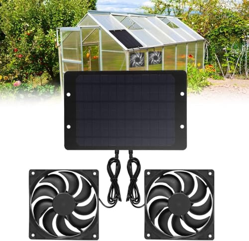 KUWUNG Solar Ventilator Gewächshaus, 10W Solarpanel Ventilator mit DC Doppellüfter, IP65 Wasserdicht Ventilators Solarbetrieben, Solar Lüfter für Gewächshäuser, Hühnerställe, Schuppen, Haustier Häuser