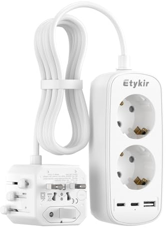 Reiseadapter Weltweit, Universal Adapter mit 1,5M Kabel, Internationaler Stecker Adapter mit 2 EU-Steckdosen & 3 USB (2 USB-C), Steckdosenadapter für England USA Japan Australien (Typ A/C/G/I)