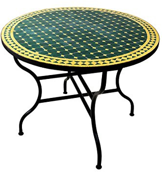 ORIGINAL Marokkanischer Mosaiktisch Gartentisch ø 100cm Groß rund klappbar | Runder klappbarer Mosaik Esstisch Mediterran | als Klapptisch für Balkon oder Garten | Marrakesch Grün Gelb 100cm
