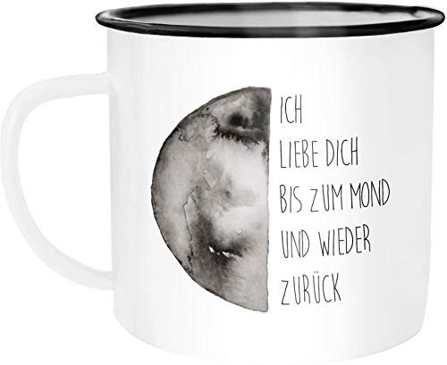 Moonworks® Emaille Tasse Becher Ich liebe dich bis zum Mond und zurück Liebe Spruch Love Quote romantisch verliebt Freund Freundin Kaffeetasse weiß-schwarz unisize