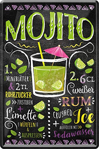 WOGEKA ART Retro Blechschild - Mojito Rum Cocktail Rezept - witziger Spruch als Geschenk-Idee zum Geburtstag Weihnachten zur Dekoration 20x30 cm Vintage-Design aus Metall 116