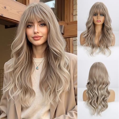Esmee 24 Zoll Lange lockige Haar Perücken für Frauen Ash Blond Natürlich Synthetische Hitzebeständige Perücken mit Pony