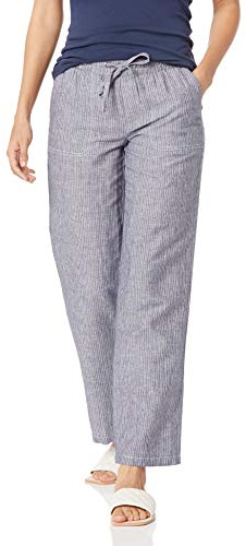 Amazon Essentials Women's Pull On Linen Blend Drawstring Relaxed Fit Wide Leg Pant, Grey Vertical Stripe, Large