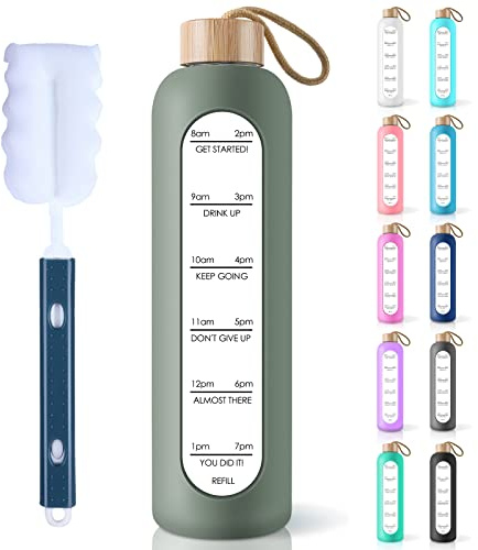 PROBTTL 32 Oz Borosilicate Glass Water Bottle with Time Marker Reminder Quotes, 1 Liter Leak Proof Reusable BPA Free Motivational Water Bottles with Silicone Sleeve and Bamboo Lid (Olive)
