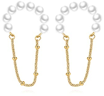 Reffeer Solide 925 Sterling Silber Perlen Manschette Ohrringe Kette für Frauen Perlen Knorpel Wrap Ohrringe Kein Piercing (B-Gelb)