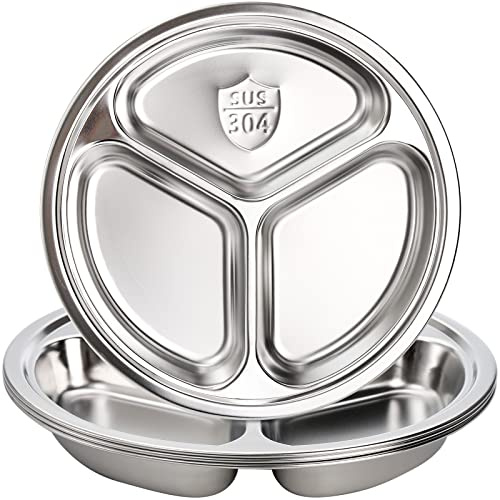 Hacaroa 4 Pack Stainless Steel Round Divided Plates, 2.4cm Dinner Snack Plates with 3 Compartment, Divided Tray Food Serving Platter for Adults Camping, Lunch and Dinner