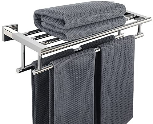 SAYAYO Double Barre Porte Serviette Mural de Salle de Bain, Support Serviette avec Étagère en Acier Inoxydable pour Cuisine Toilette, Longueur 50CM Chrome Poli, EGZ8050-C